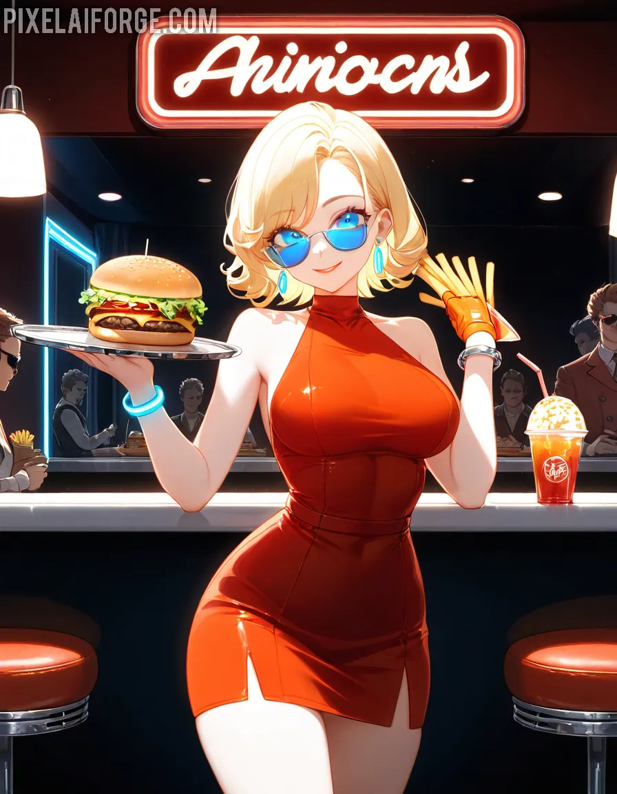 Camarera de Anime en Diner Retro con Robot - Arte Digital
