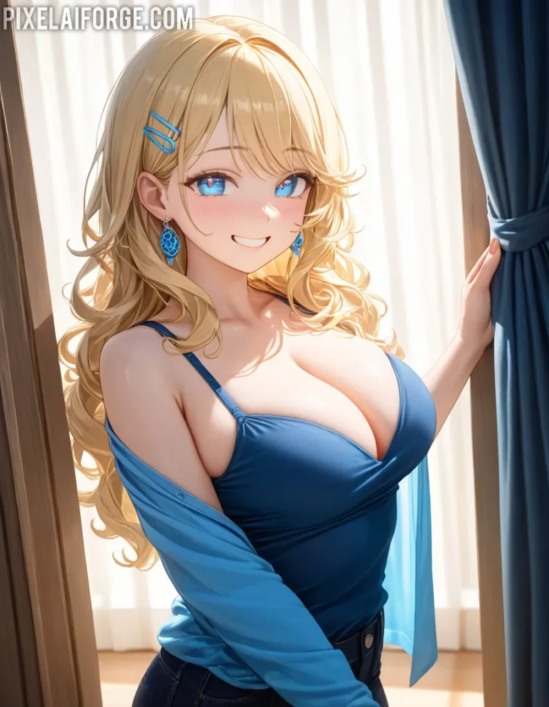 Chica Anime Rubia con Traje Azul Belleza y Estilo Luminoso