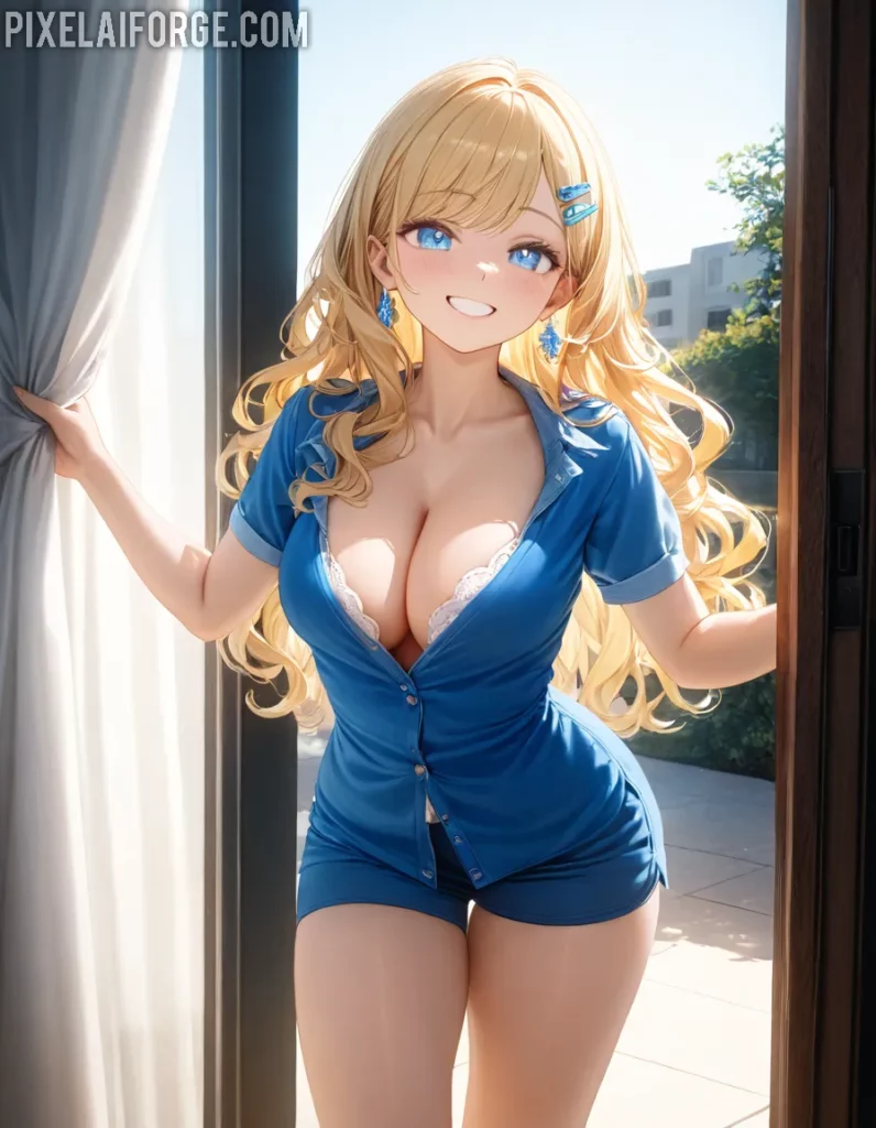 Chica Anime Rubia con Traje Azul Belleza y Estilo Luminoso