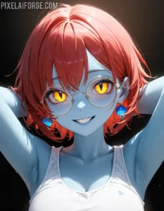 Chica anime de piel azul con ojos dorados belleza alienígena y estilo moderno