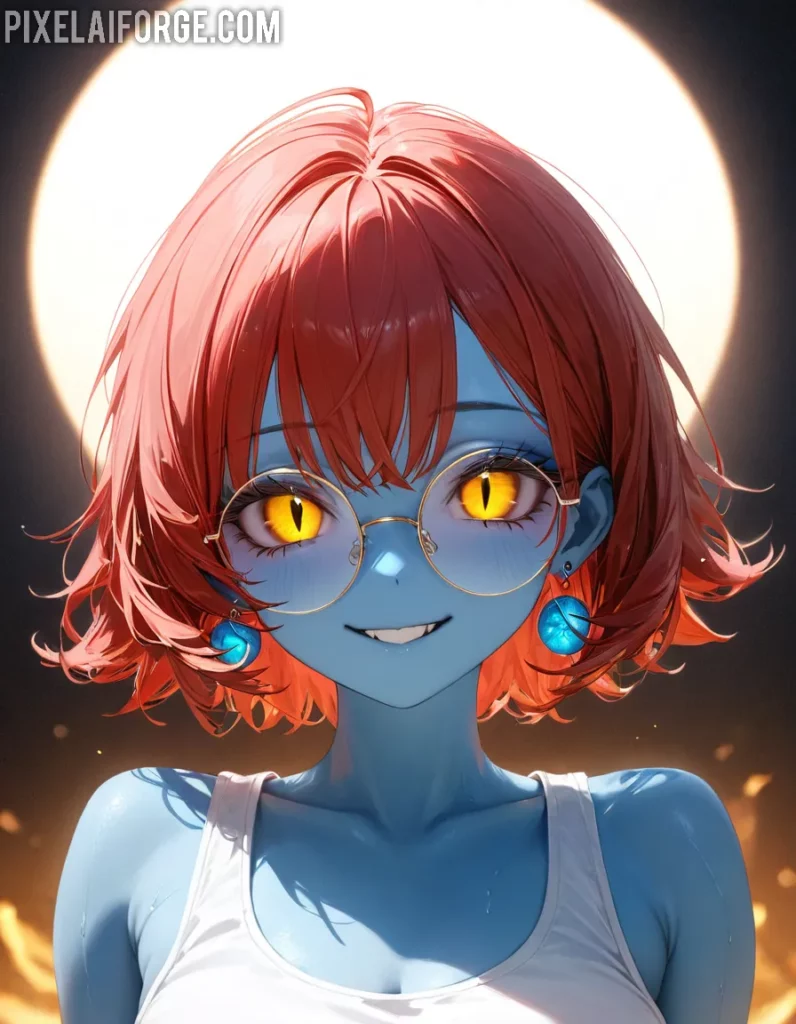 Chica anime de piel azul con ojos dorados belleza alienígena y estilo moderno