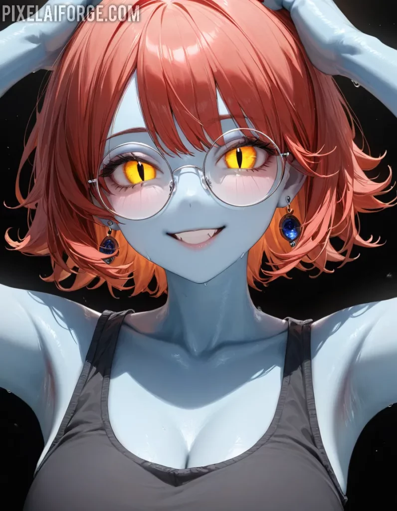 Chica anime de piel azul con ojos dorados belleza alienígena y estilo moderno
