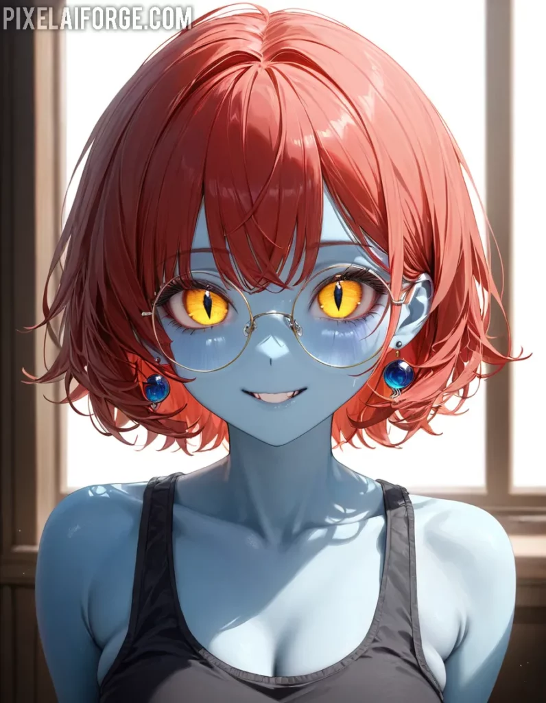 Chica anime de piel azul con ojos dorados belleza alienígena y estilo moderno