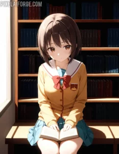 Chica de Anime Leyendo en Biblioteca: Arte Digital Sereno