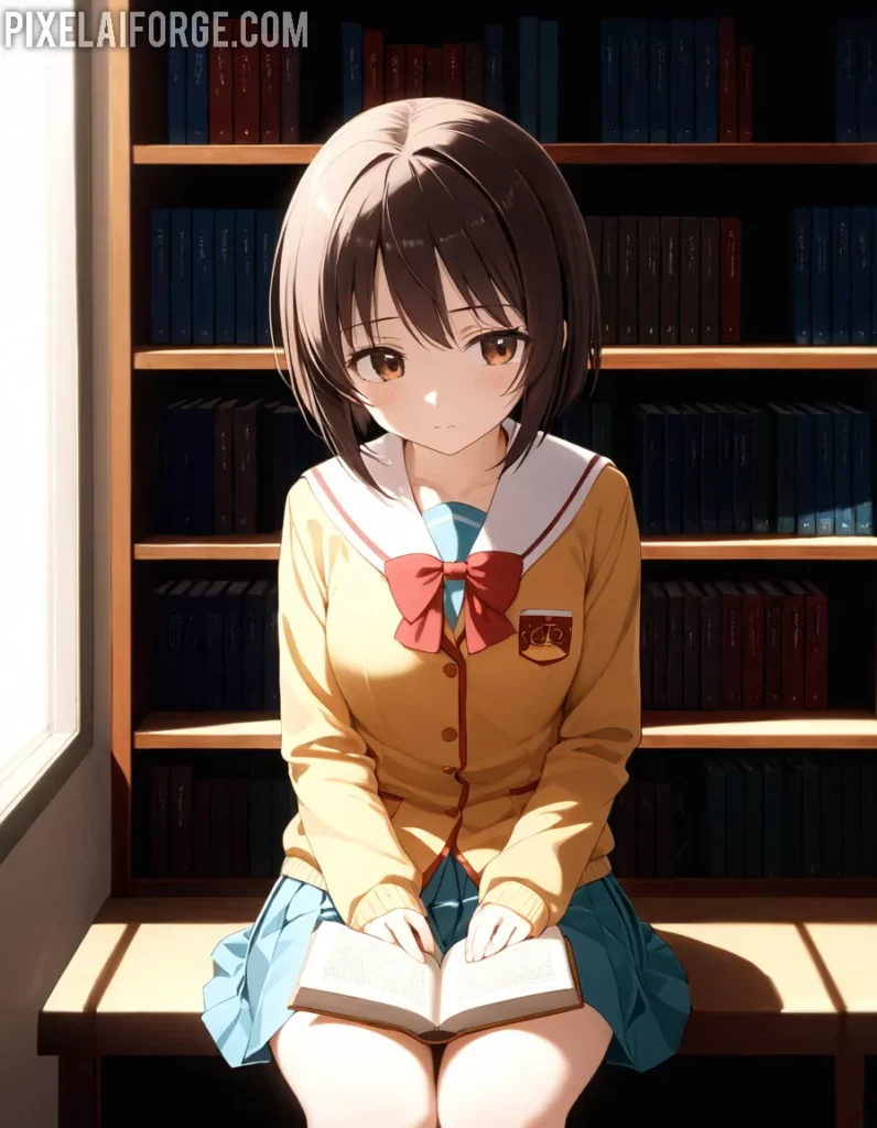 Chica de Anime Leyendo en Biblioteca: Arte Digital Sereno