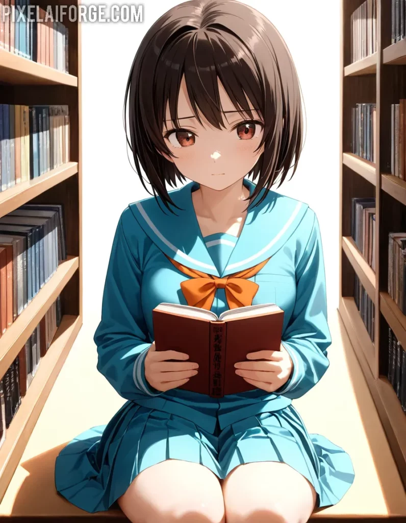 Chica de Anime Leyendo en Biblioteca: Arte Digital Sereno