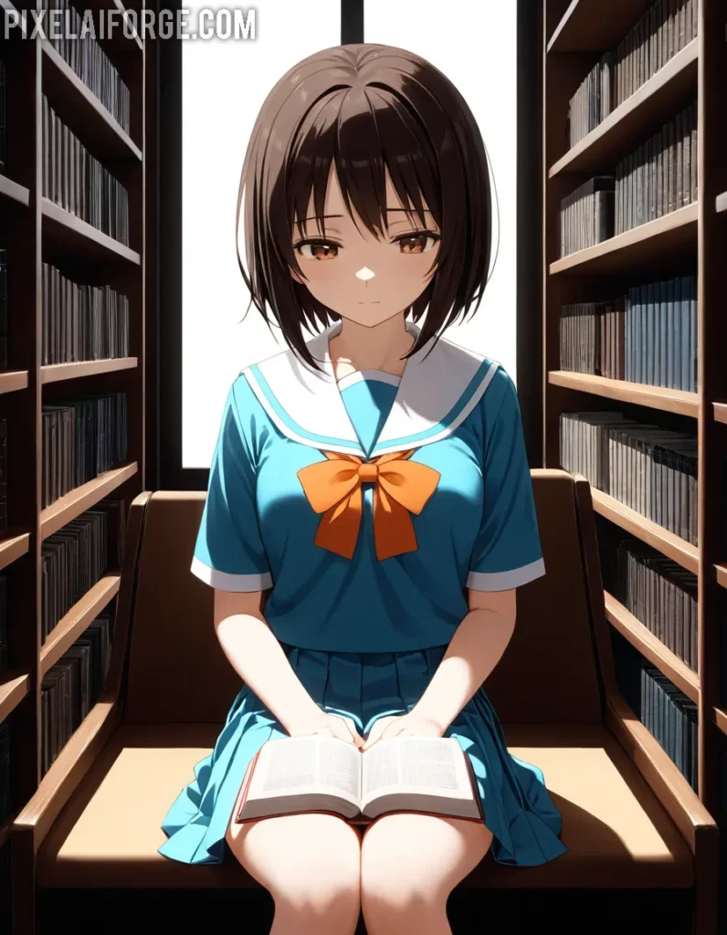 Chica de Anime Leyendo en Biblioteca: Arte Digital Sereno
