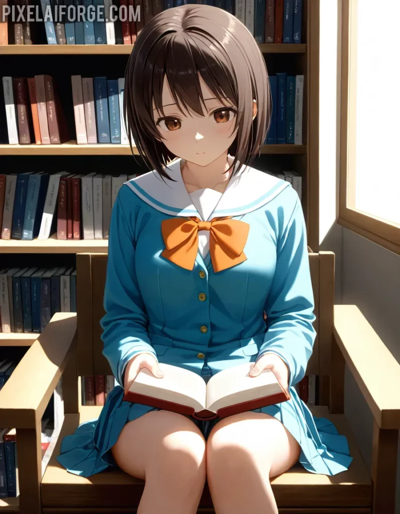 Chica de Anime Leyendo en Biblioteca: Arte Digital Sereno
