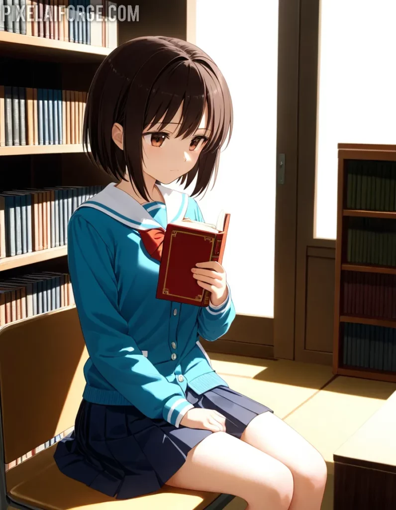 Chica de Anime Leyendo en Biblioteca: Arte Digital Sereno