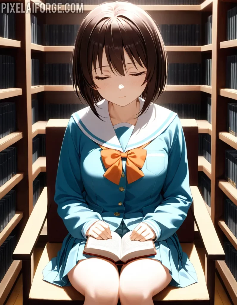 Chica de Anime Leyendo en Biblioteca: Arte Digital Sereno