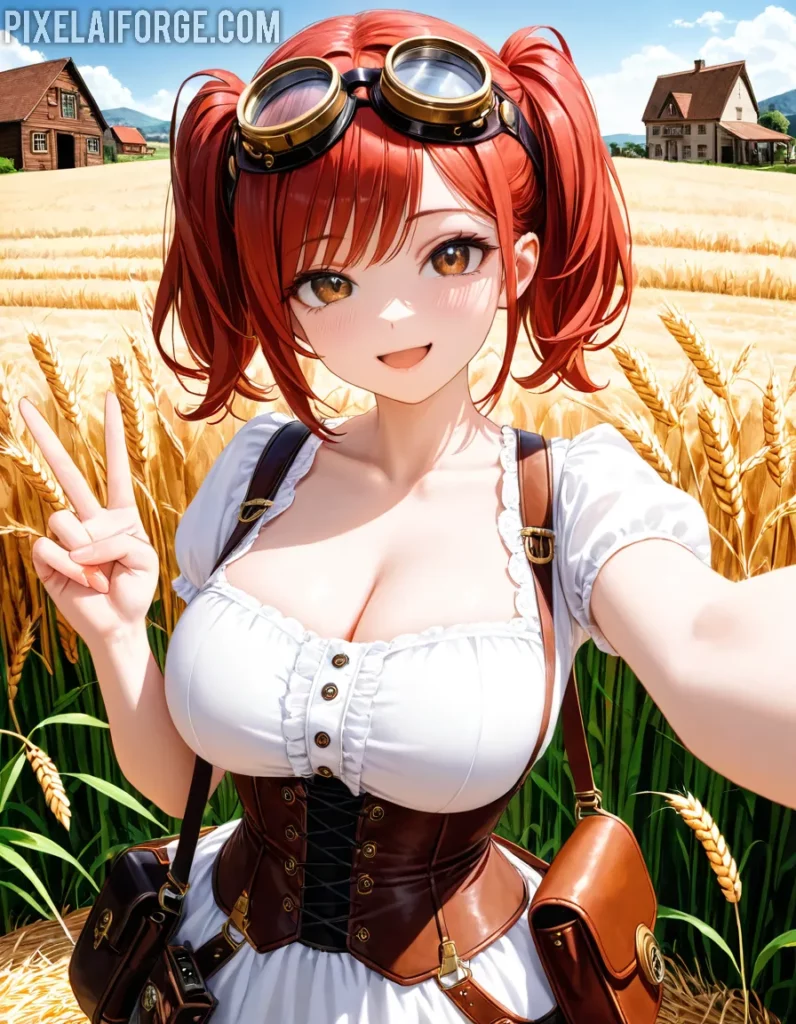 Chica de Anime Steampunk en Campo de Trigo - Arte Digital