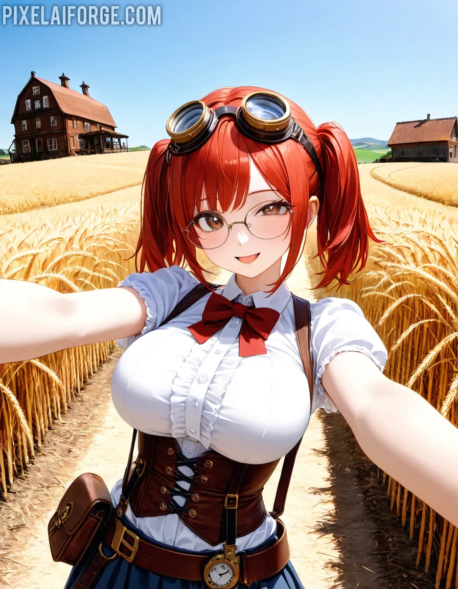 Chica de Anime Steampunk en Campo de Trigo - Arte Digital