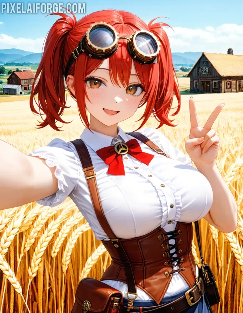 Chica de Anime Steampunk en Campo de Trigo - Arte Digital