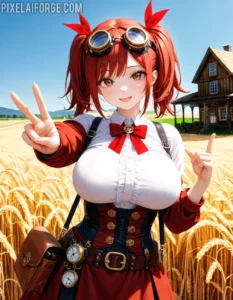 Chica de Anime Steampunk en Campo de Trigo - Arte Digital