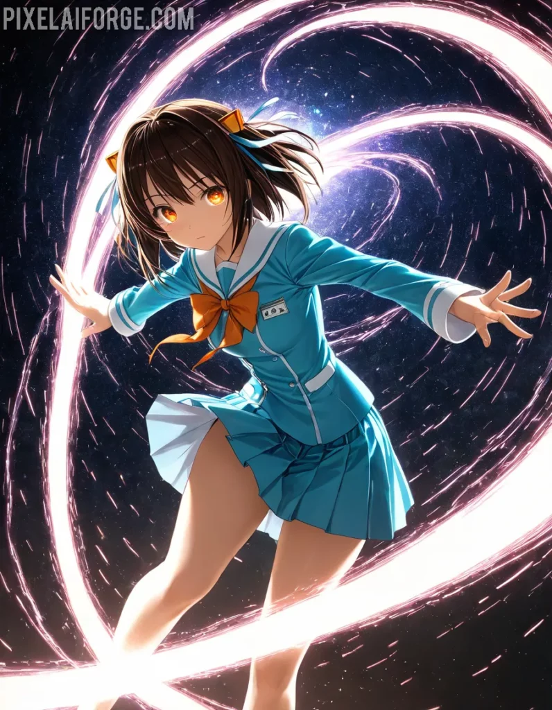 Chica de Anime en Fondo Cósmico: Arte Digital Futurista