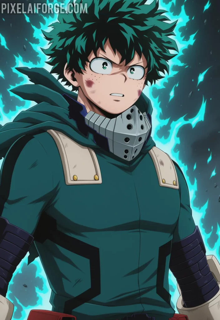 Imagen anime generada por IA de Deku en Modo Cowling El Poder de One For All en Acción