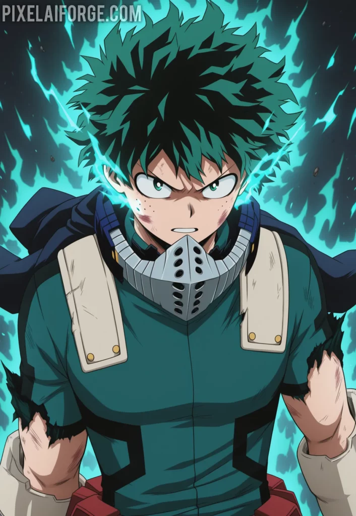 Imagen anime generada por IA de Deku en Modo Cowling El Poder de One For All en Acción
