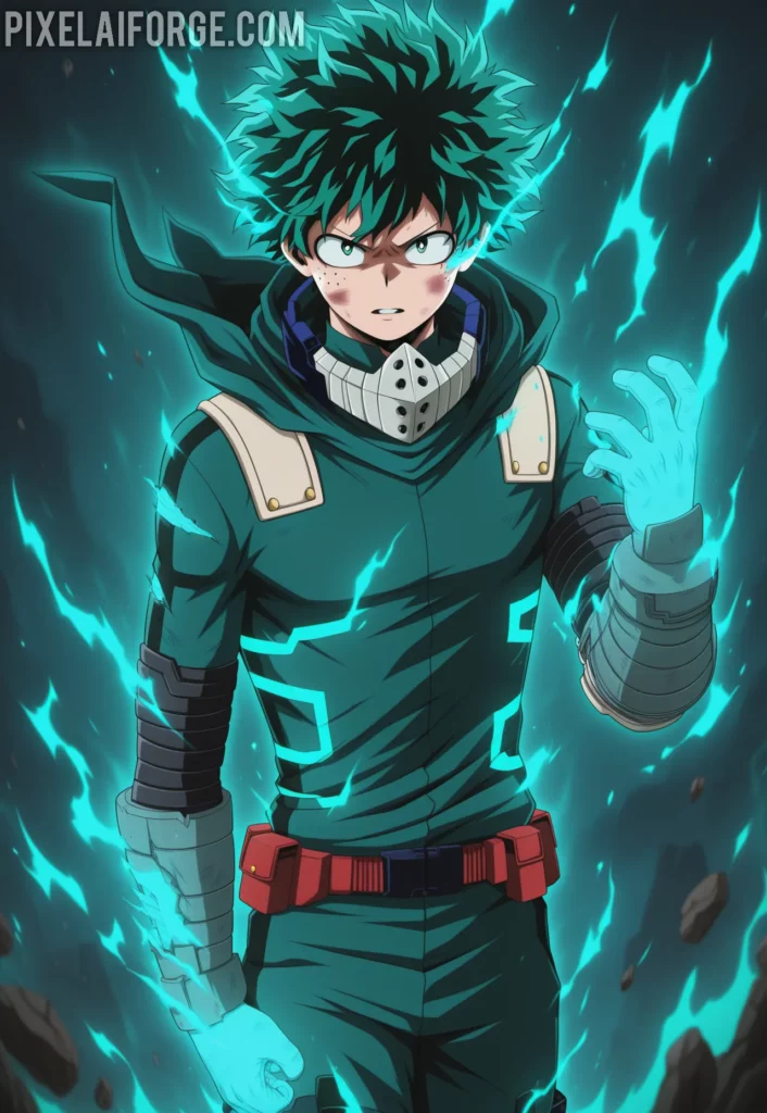Imagen anime generada por IA de Deku en Modo Cowling El Poder de One For All en Acción