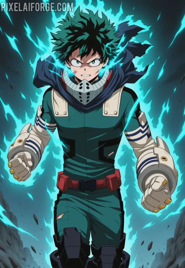 Imagen anime generada por IA de Deku en Modo Cowling El Poder de One For All en Acción