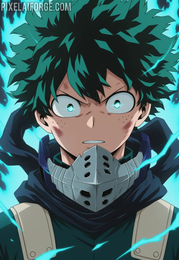 Imagen anime generada por IA de Deku en Modo Cowling El Poder de One For All en Acción