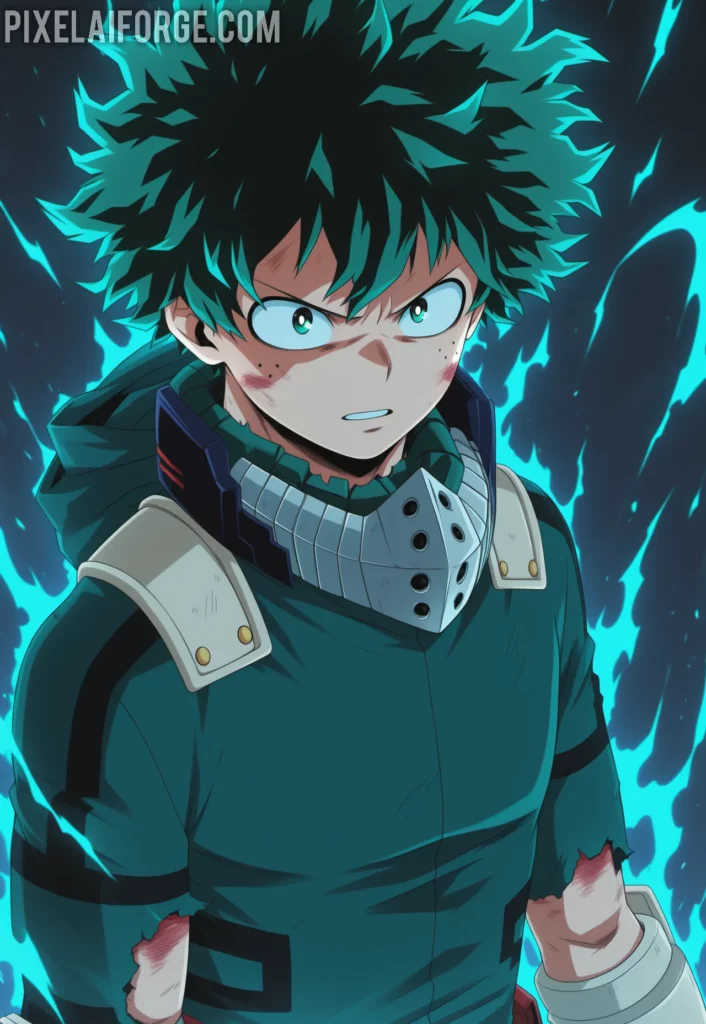 Imagen anime generada por IA de Deku en Modo Cowling El Poder de One For All en Acción