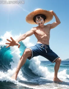 Dynamic Anime Warrior Conquering the Waves