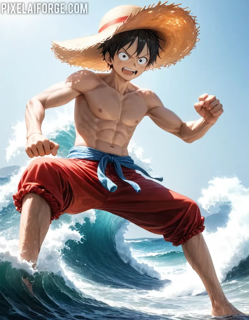 Dynamic Anime Warrior Conquering the Waves