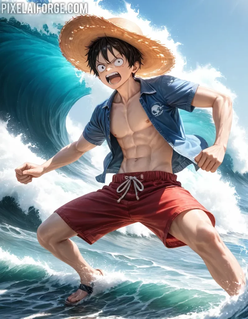 Dynamic Anime Warrior Conquering the Waves