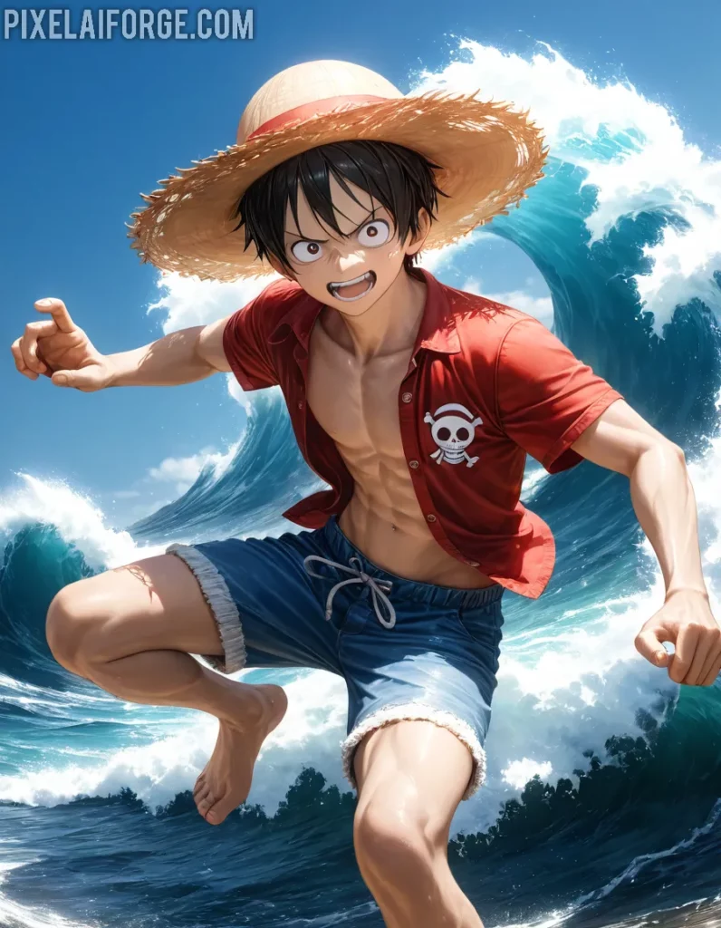 Dynamic Anime Warrior Conquering the Waves