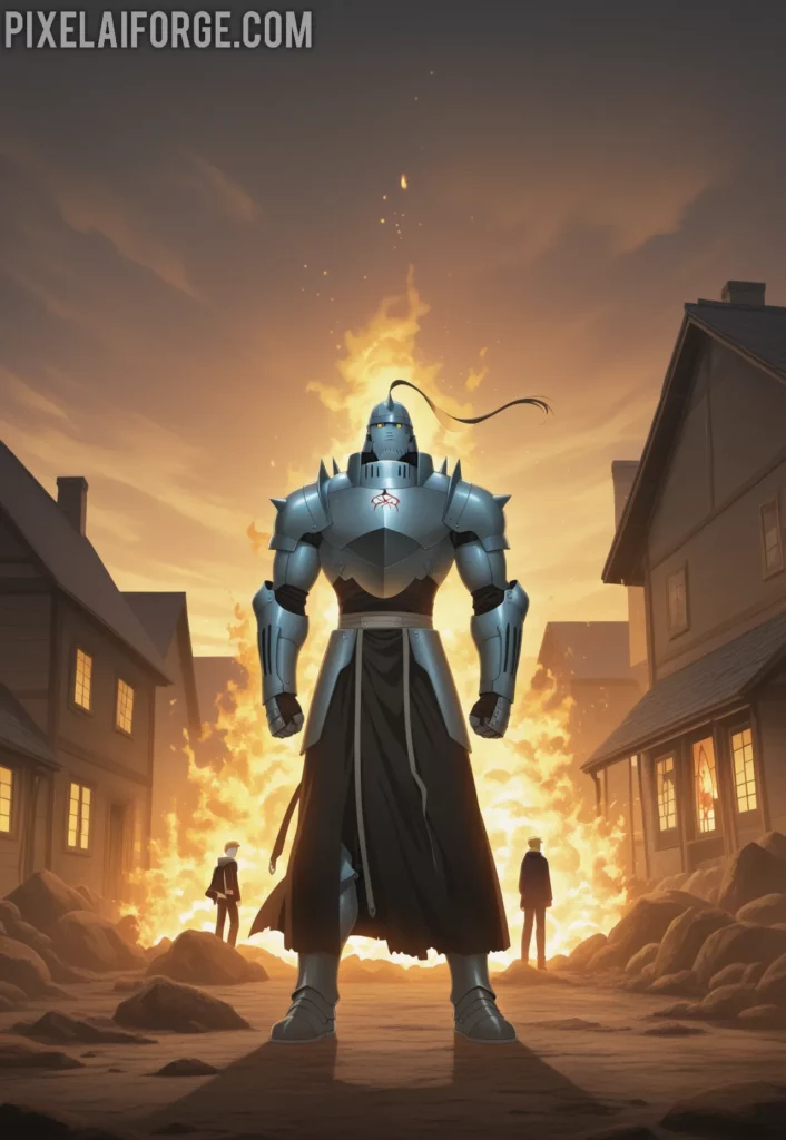 Edward and Alphonse Elric standing in front of a burning house during the Promised Day, golden light from alchemy effects, dramatic atmosphere, anime art style from Fullmetal Alchemist Brotherhood