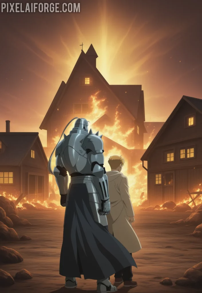 Edward and Alphonse Elric standing in front of a burning house during the Promised Day, golden light from alchemy effects, dramatic atmosphere, anime art style from Fullmetal Alchemist Brotherhood