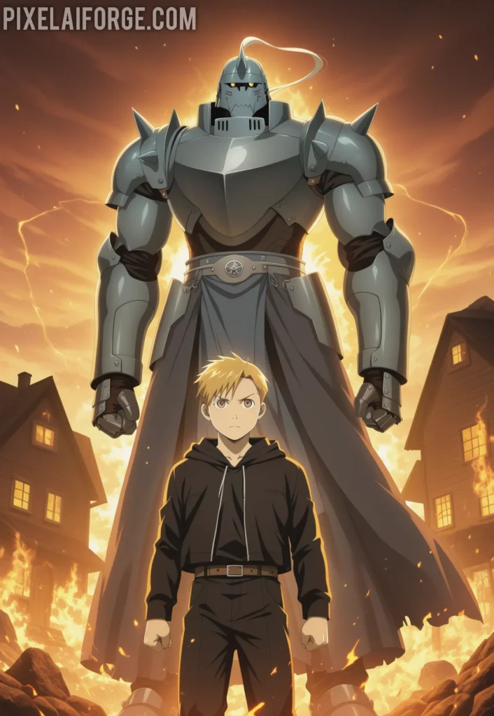 Edward and Alphonse Elric standing in front of a burning house during the Promised Day, golden light from alchemy effects, dramatic atmosphere, anime art style from Fullmetal Alchemist Brotherhood