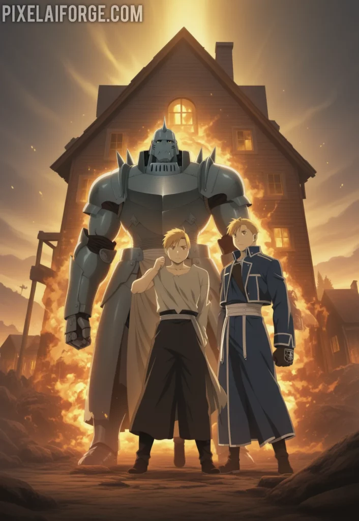 Edward and Alphonse Elric standing in front of a burning house during the Promised Day, golden light from alchemy effects, dramatic atmosphere, anime art style from Fullmetal Alchemist Brotherhood