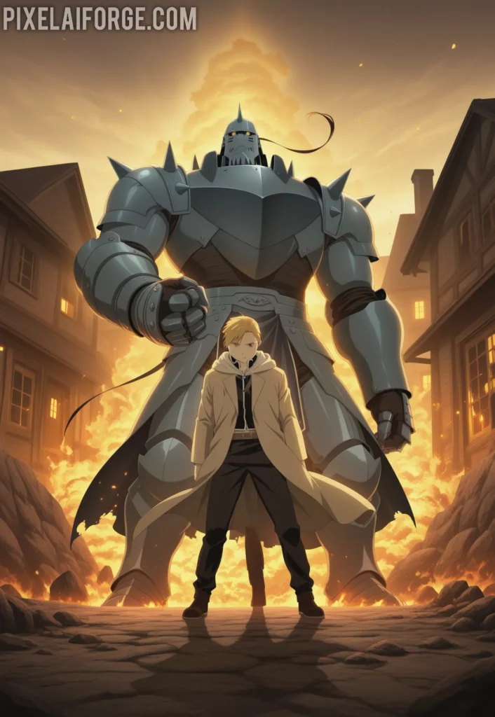Edward and Alphonse Elric standing in front of a burning house during the Promised Day, golden light from alchemy effects, dramatic atmosphere, anime art style from Fullmetal Alchemist Brotherhood