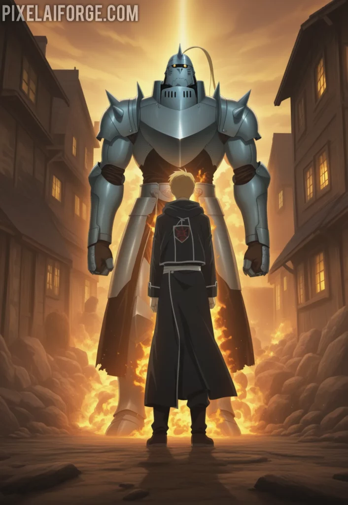 Edward and Alphonse Elric standing in front of a burning house during the Promised Day, golden light from alchemy effects, dramatic atmosphere, anime art style from Fullmetal Alchemist Brotherhood