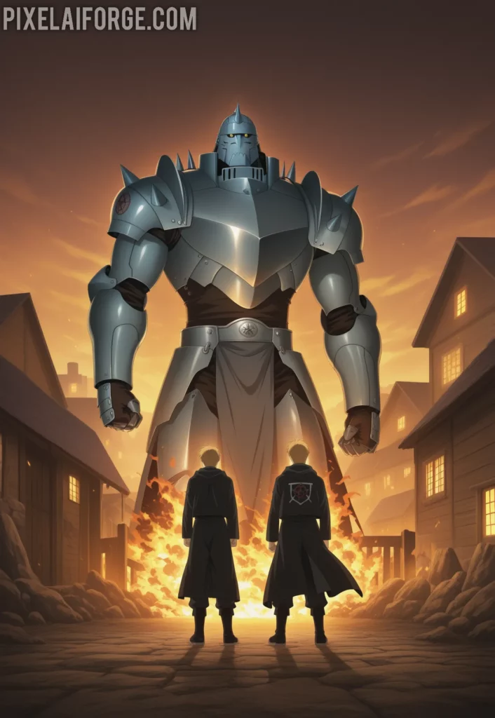 Edward and Alphonse Elric standing in front of a burning house during the Promised Day, golden light from alchemy effects, dramatic atmosphere, anime art style from Fullmetal Alchemist Brotherhood