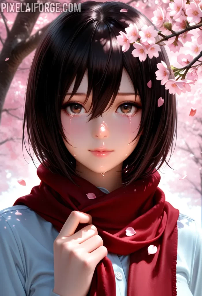 Mikasa llora bajo un árbol de cerezo sosteniendo la bufanda de Eren