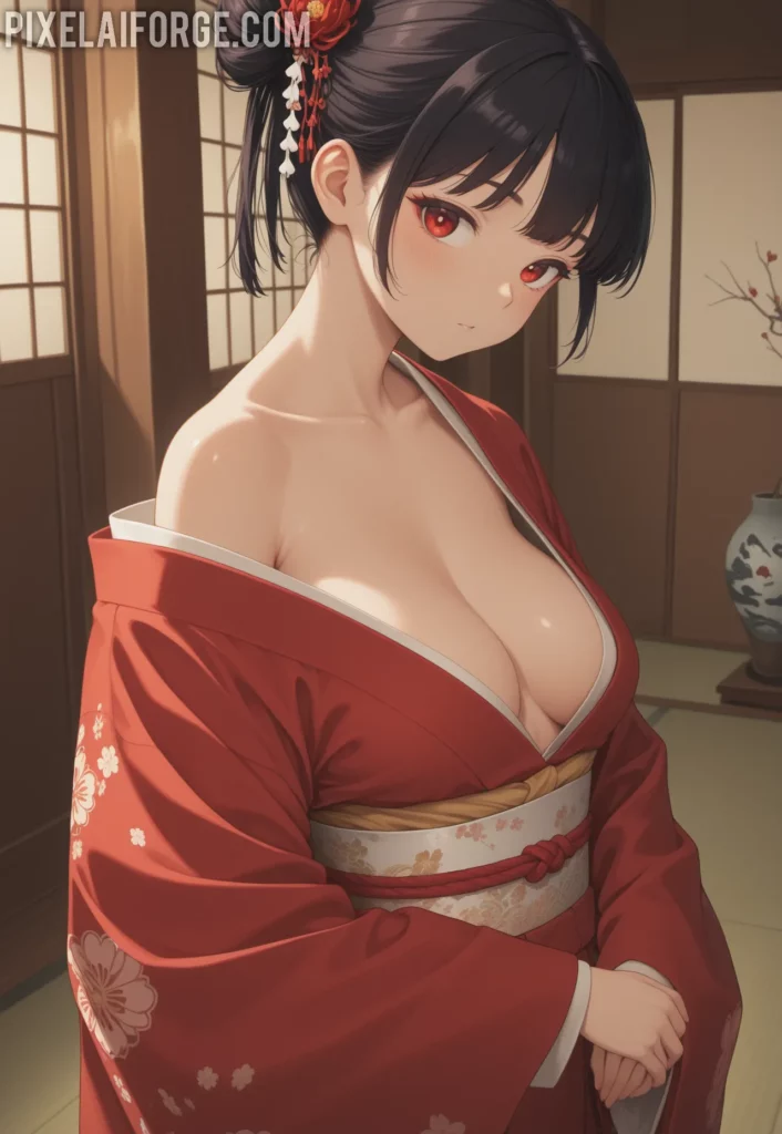 El encanto de una guapa chica anime en kimono tradicional japonés