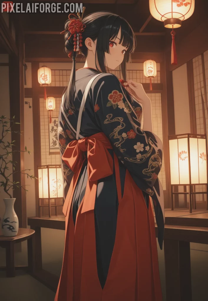 El encanto de una guapa chica anime en kimono tradicional japonés