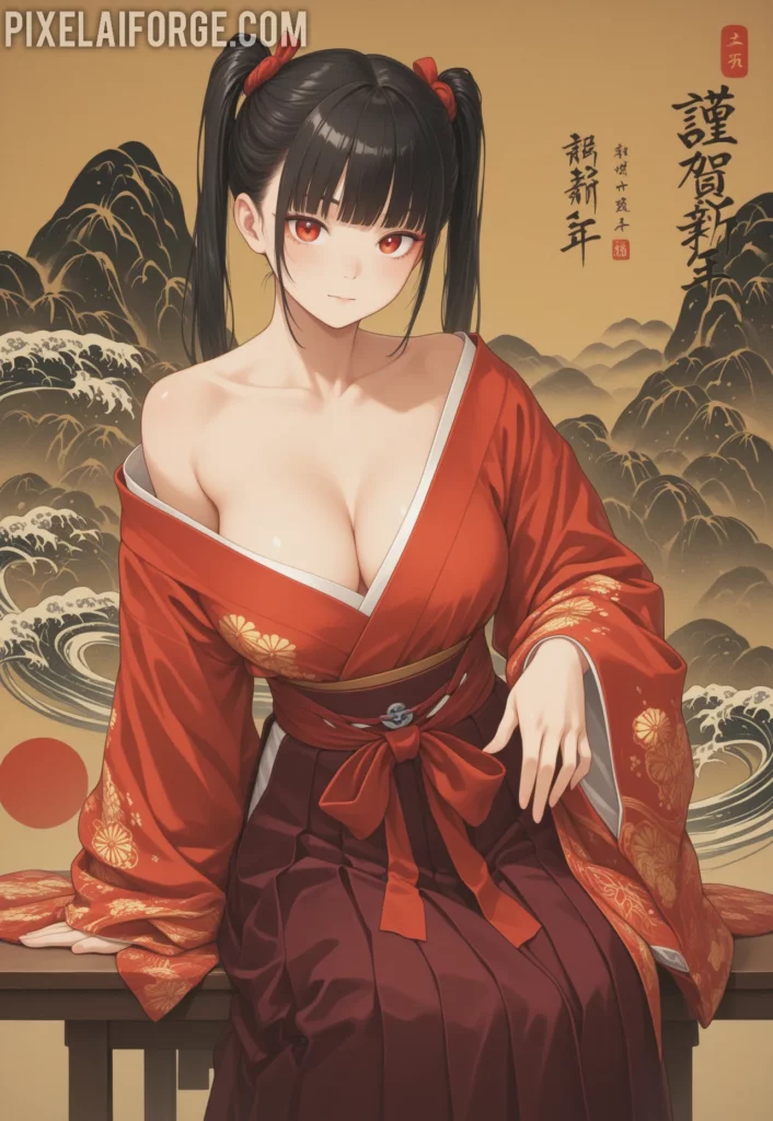 El encanto de una guapa chica anime en kimono tradicional japonés