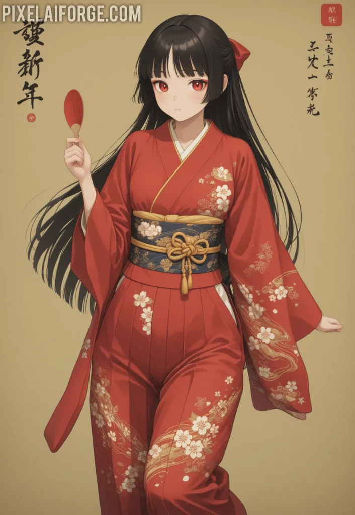 El encanto de una guapa chica anime en kimono tradicional japonés