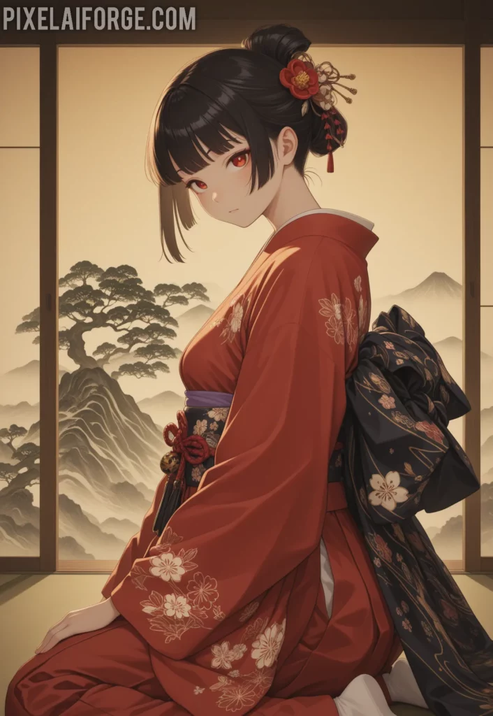 El encanto de una guapa chica anime en kimono tradicional japonés