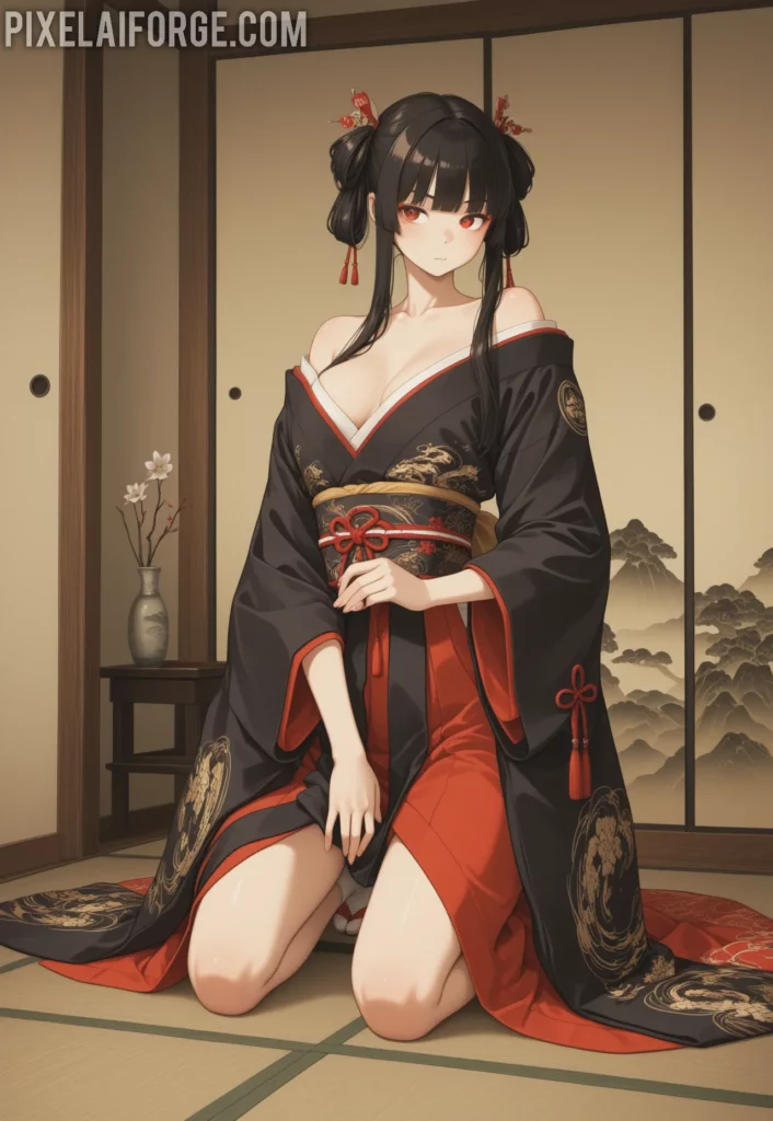 El encanto de una guapa chica anime en kimono tradicional japonés
