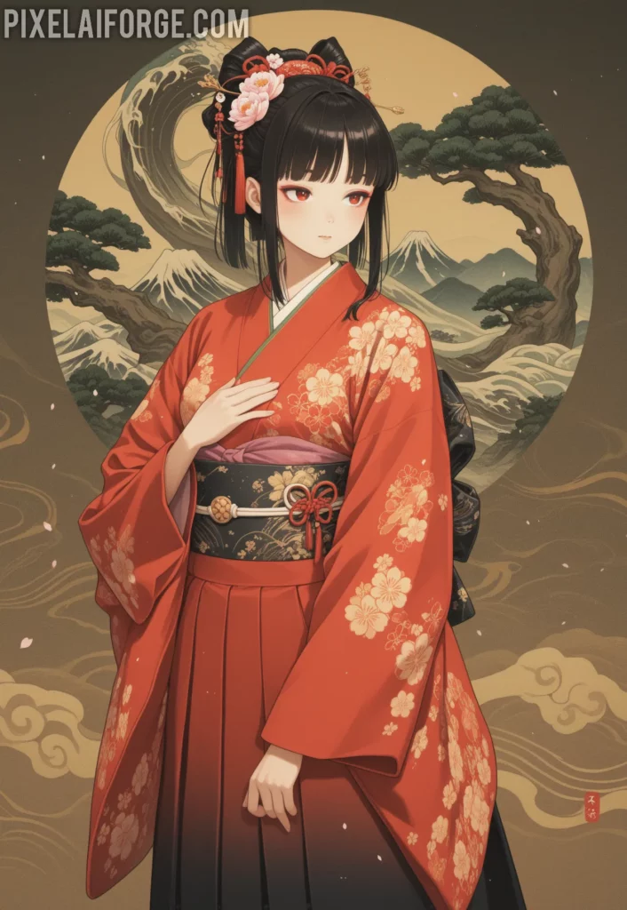 El encanto de una guapa chica anime en kimono tradicional japonés