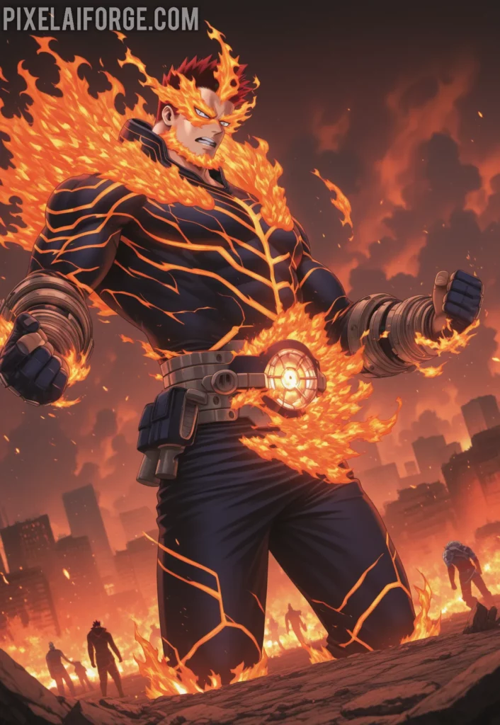Imagen anime generada por IA de Endeavor vs Overhaul Combate Épico de Fuego y Venganza