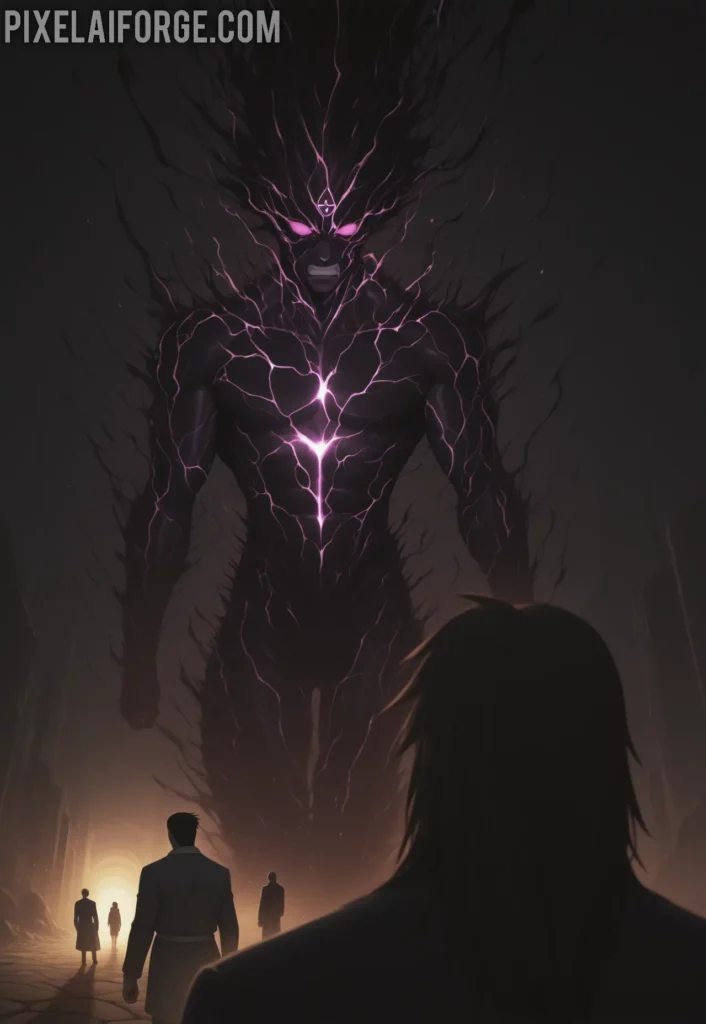 Father absorbing all seven Homunculi powers, black void opening behind him, horrified Ed and Al watching, epic final battle scene, dramatic lighting, Fullmetal Alchemist Brotherhood anime style