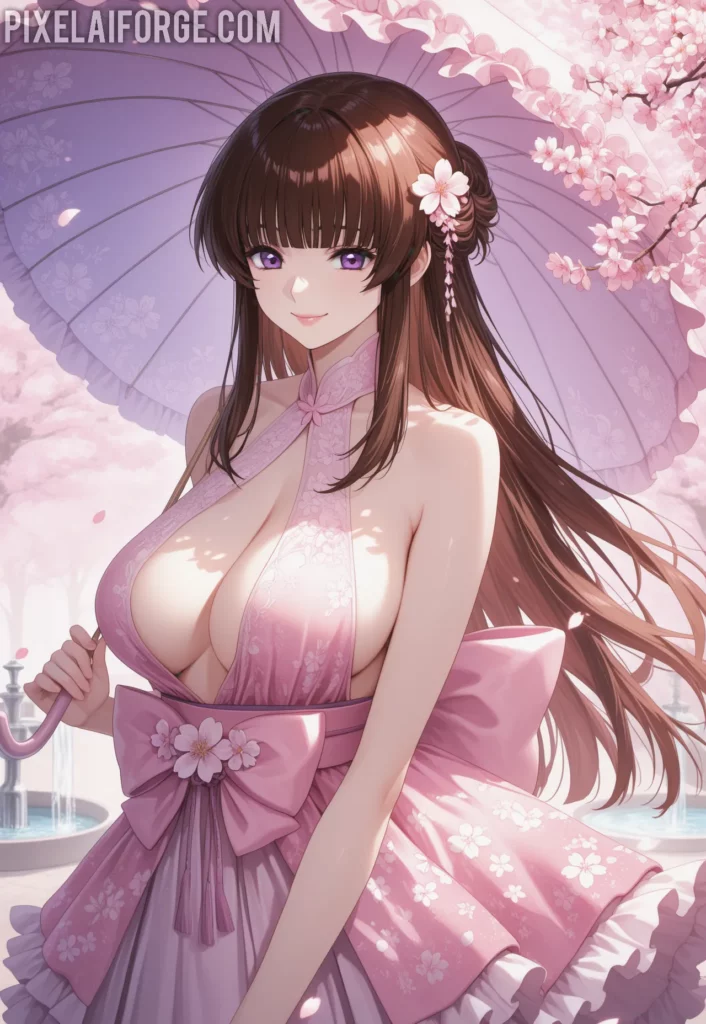 Guapa chica anime en jardín de flores de cerezo: la escena perfecta de belleza y calma
