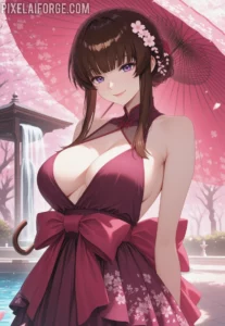 Guapa chica anime en jardín de flores de cerezo: la escena perfecta de belleza y calma