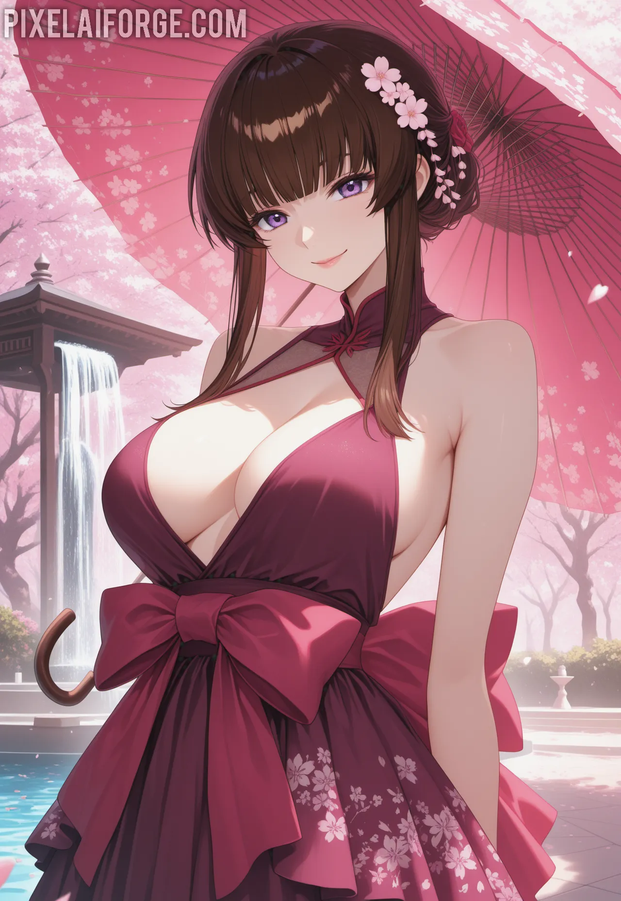 Guapa chica anime en jardín de flores de cerezo: la escena perfecta de belleza y calma