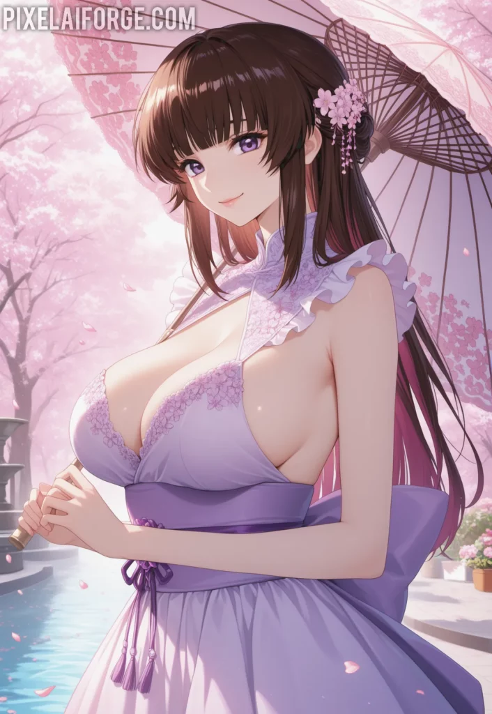 Guapa chica anime en jardín de flores de cerezo: la escena perfecta de belleza y calma